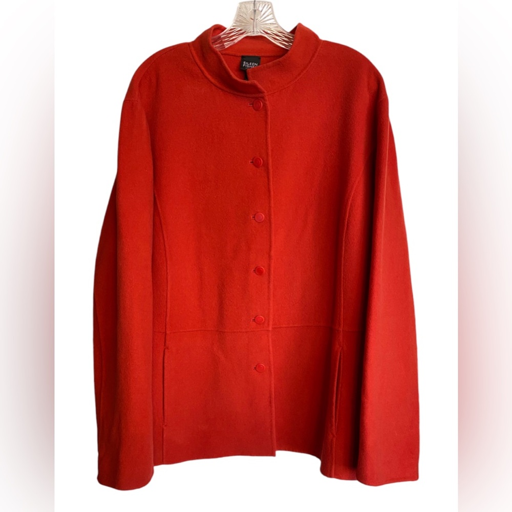 Eileen Fisher Red Button-Front Wool Pea Coat